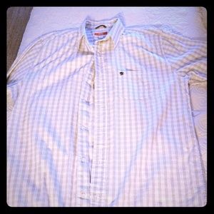 Brown and white Mossimo button up dress shirt.